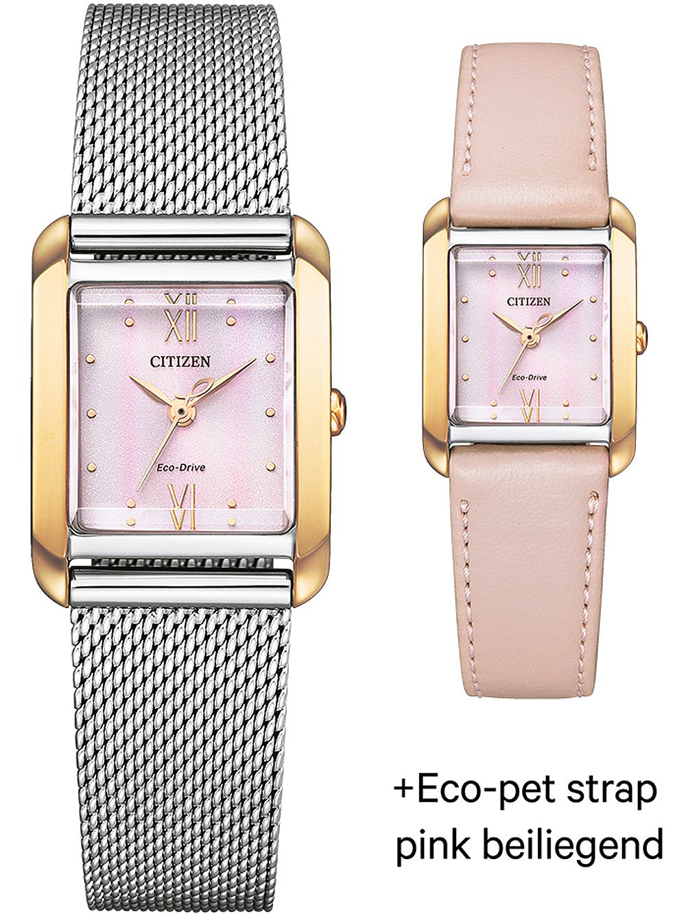 Armbanduhr mit rosafarbenem Zifferblatt, Roségold-Gehäuse und Edelstahl-Mesharmband