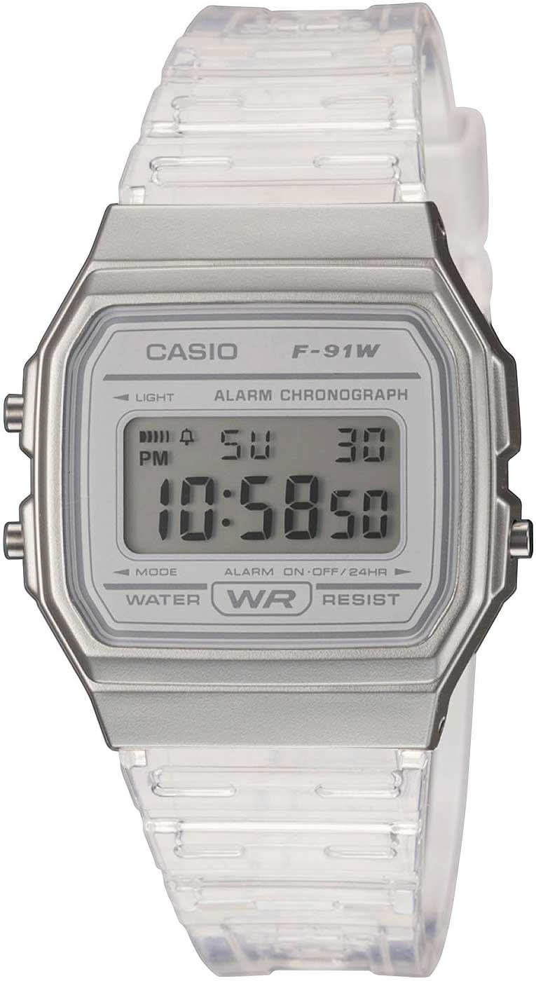 Casio damklocka med digital LCD, silverfärgat hölje och genomskinligt plastarmband.