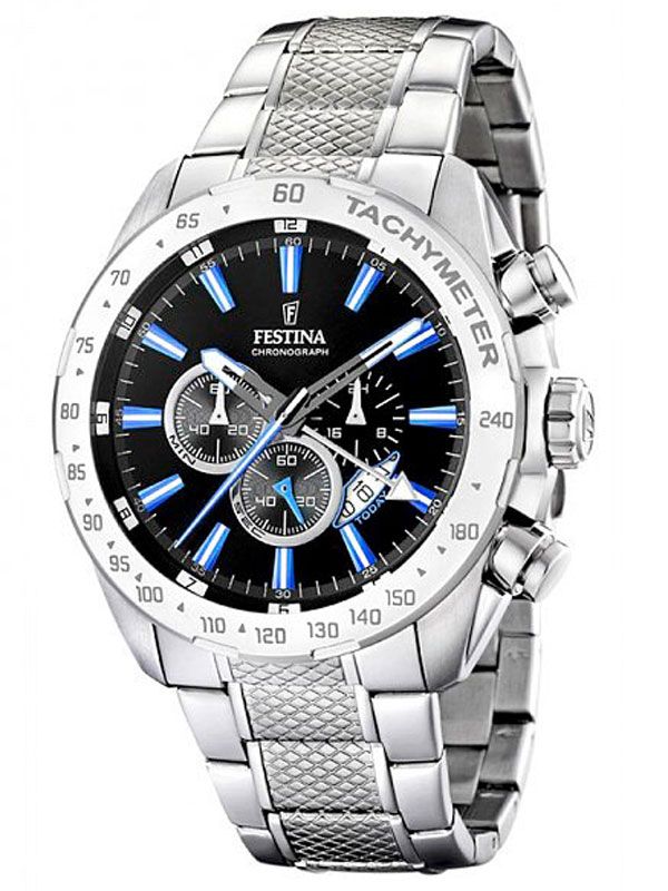 Herren-Chronograph mit schwarzem Zifferblatt, blauen Akzenten und Edelstahlband