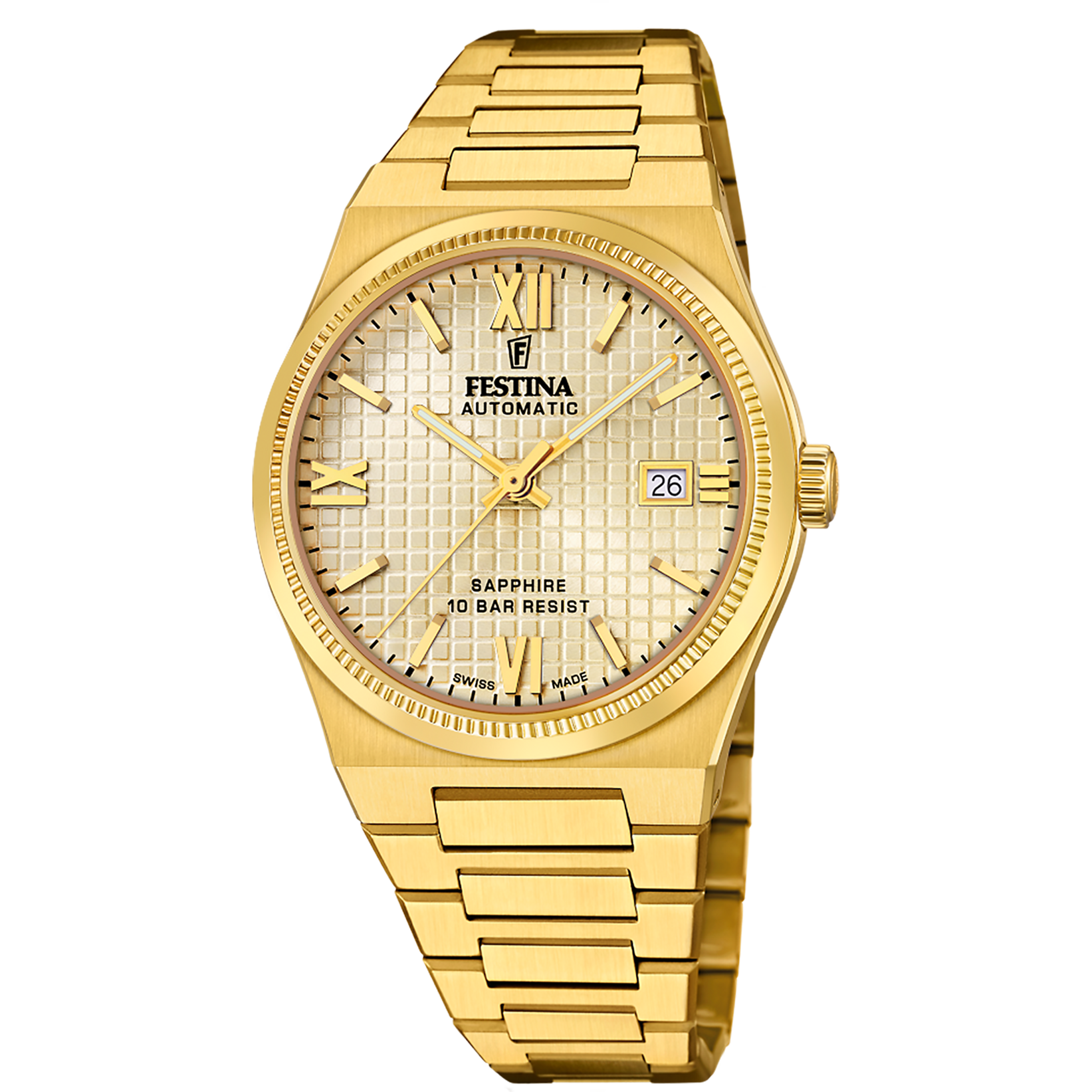 Festina Herrenuhr mit goldenem Metallarmband, rundem Zifferblatt mit römischen Ziffern