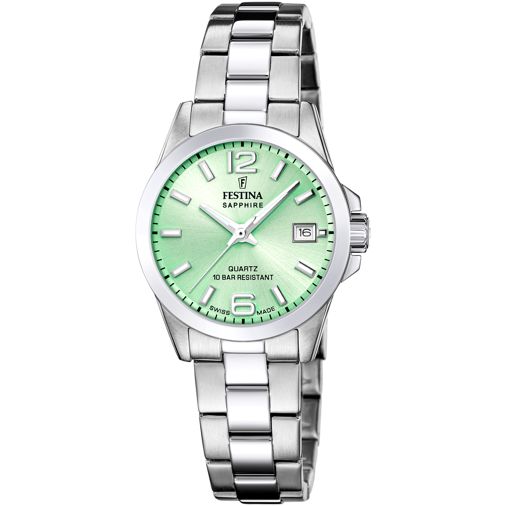 Damenuhr von Festina mit Edelstahlarmband und grünem Zifferblatt, Datumsfenster