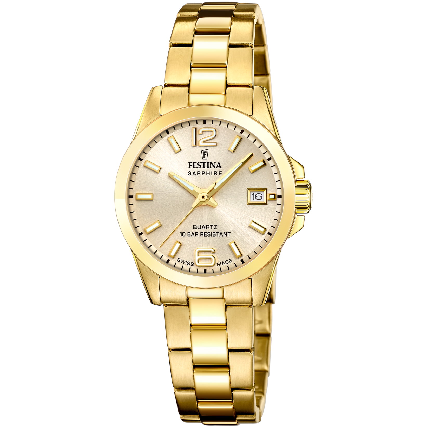 Damen-Armbanduhr goldfarben mit rundem Zifferblatt, Datumsfenster bei 6 Uhr, Saphirglas