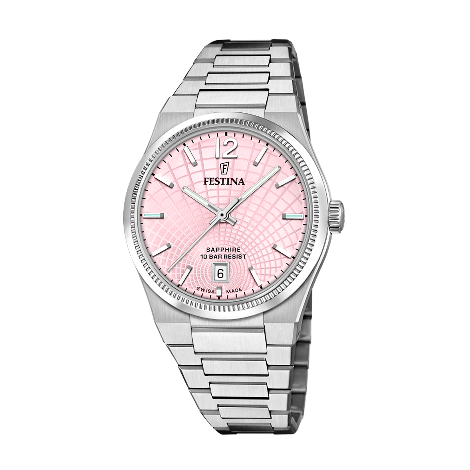 Damenarmbanduhr Festina mit Edelstahlband, rosafarbenem Zifferblatt und Saphirglas