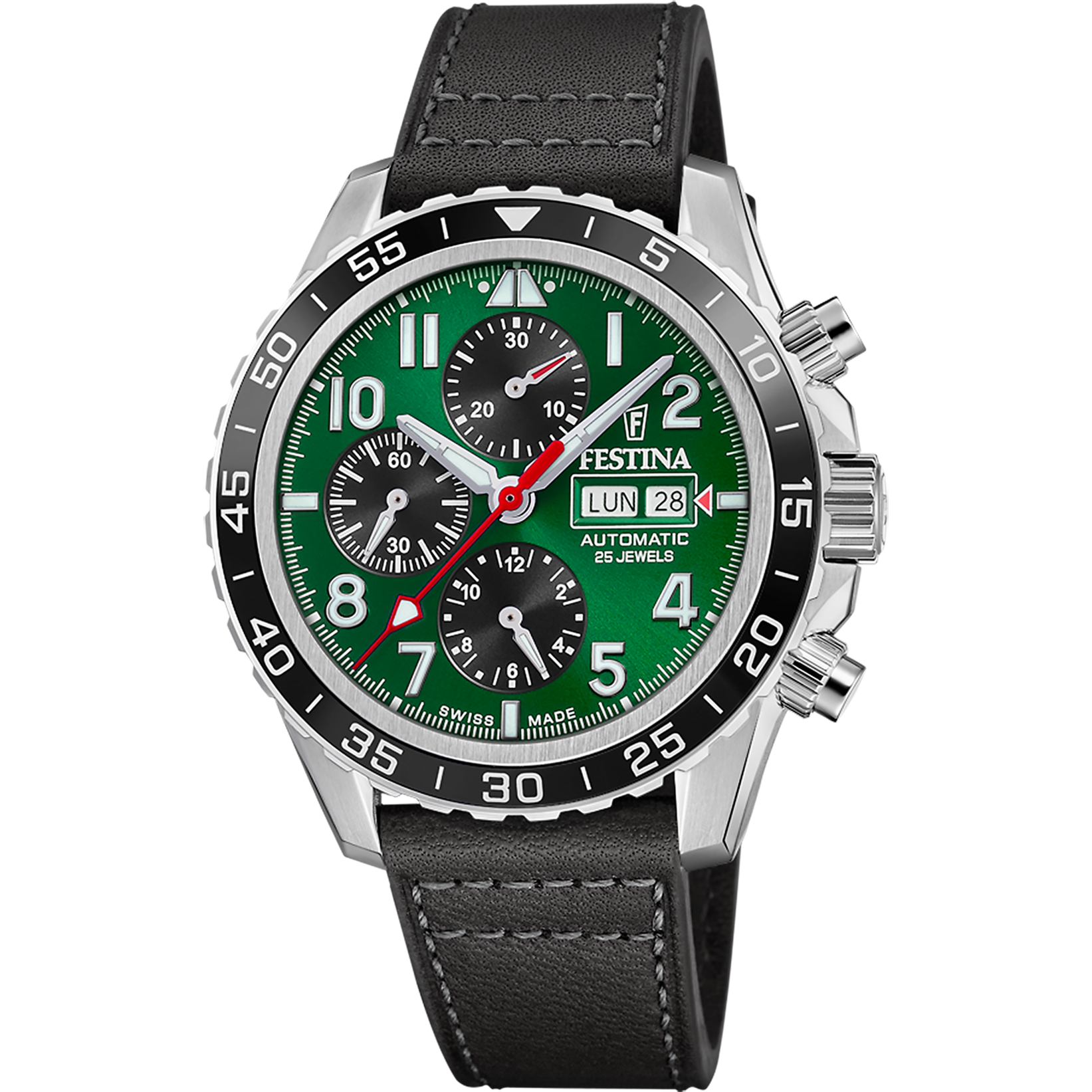 Festina Herrenuhr mit grünem Chronograph-Zifferblatt und schwarzem Lederband