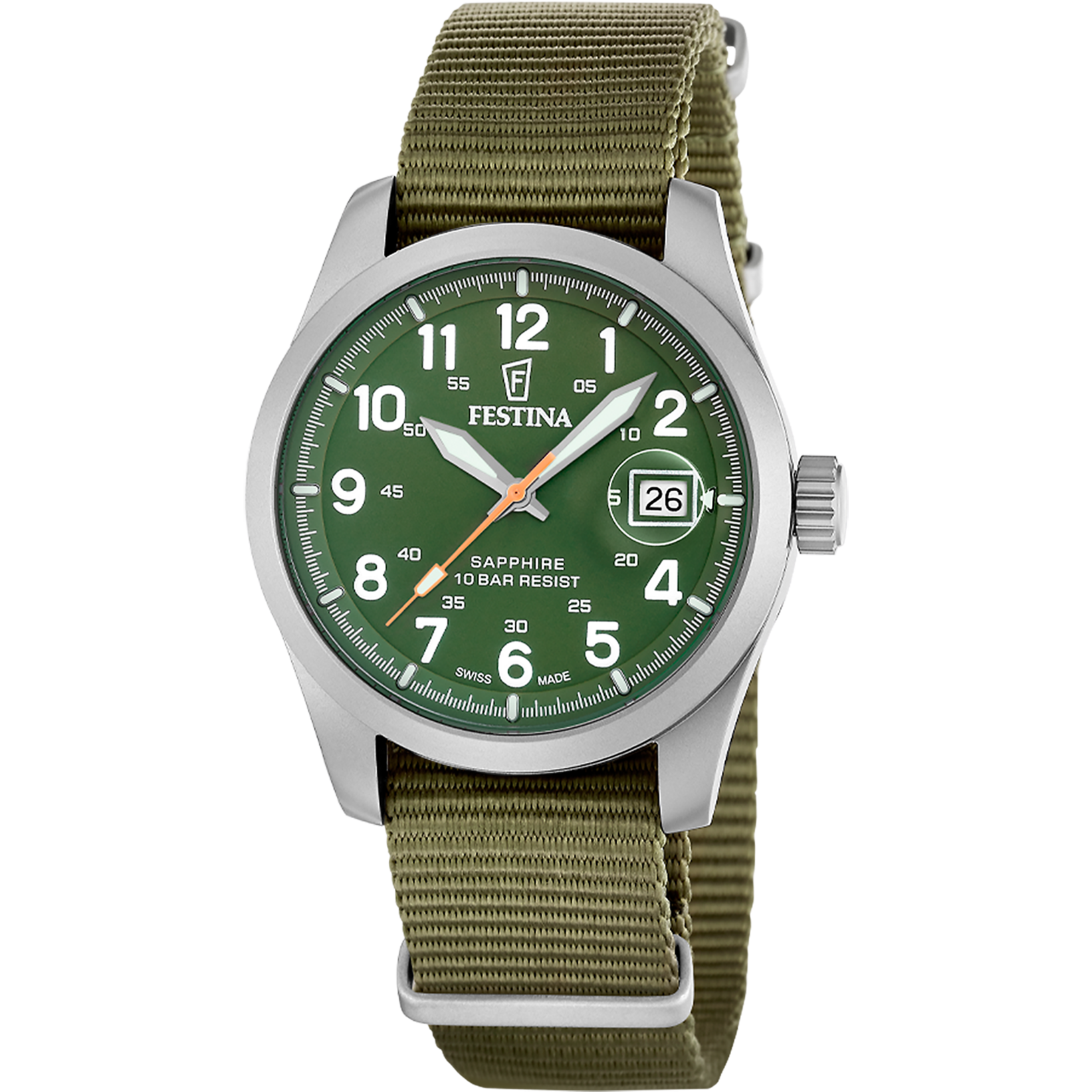 Festina Herrenuhr mit grünem Zifferblatt, Saphirglas und olivfarbenem Textilarmband