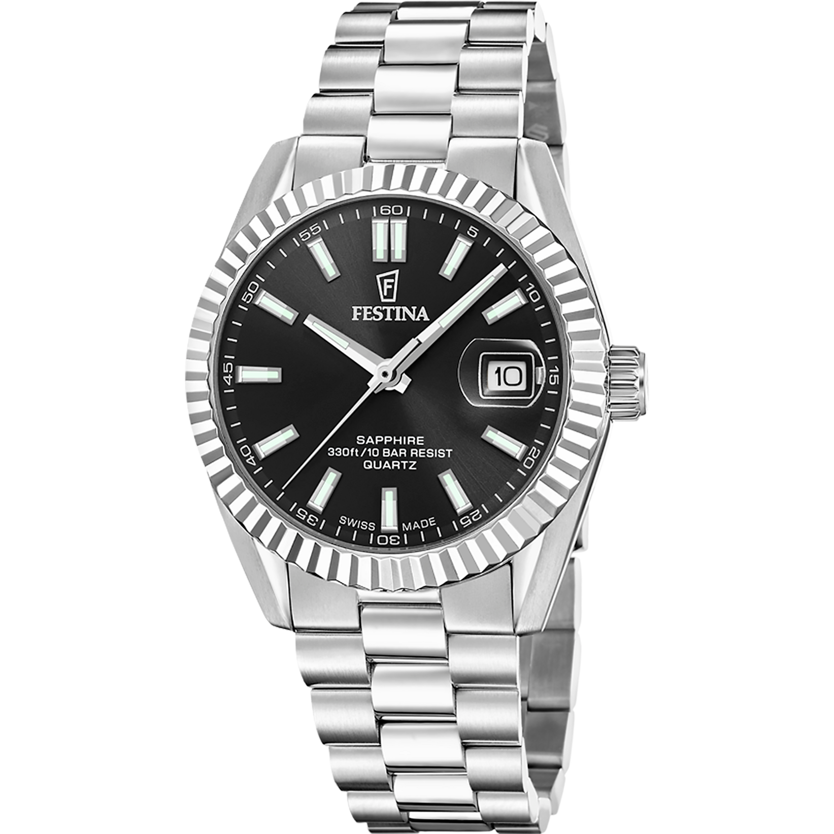Herrenarmbanduhr mit schwarzem Zifferblatt, Datumsfenster und Edelstahlarmband, Saphirglas