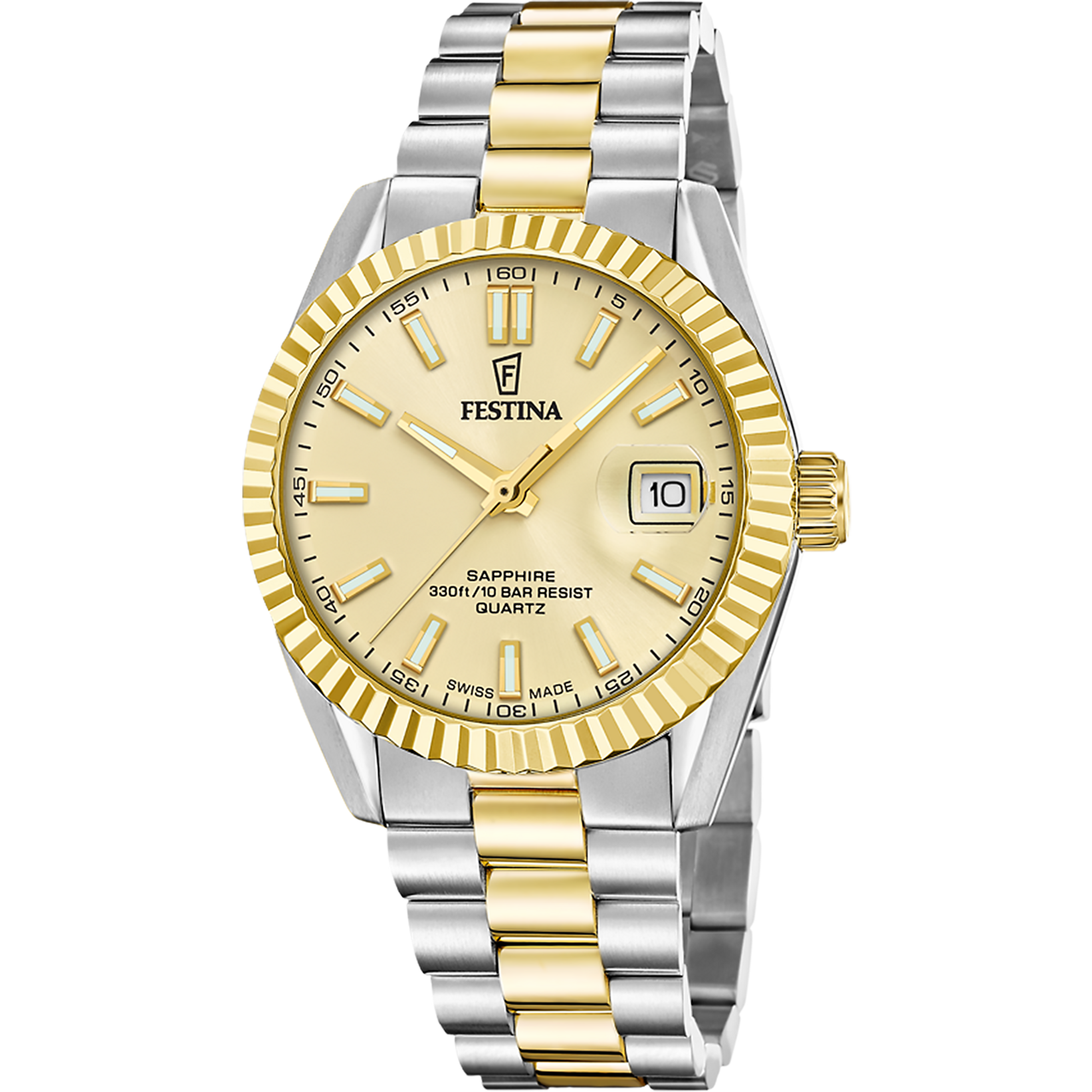 Festina Herrenuhr zweifarbig mit goldener Lünette, silbernem Armband und Datum.