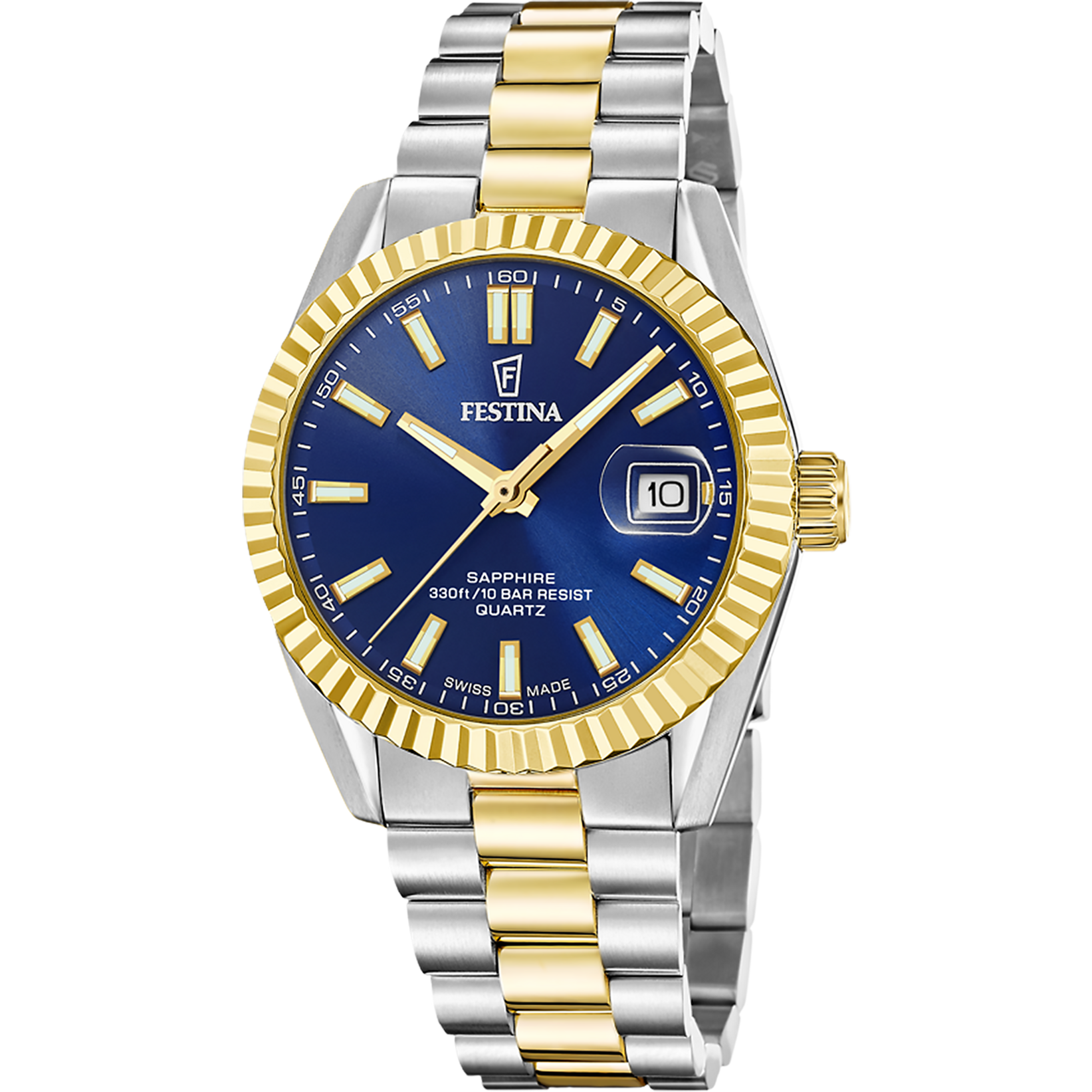 Festina Herrenuhr bicolor mit blauem Zifferblatt und Saphirglas, Schweizer Quarzwerk