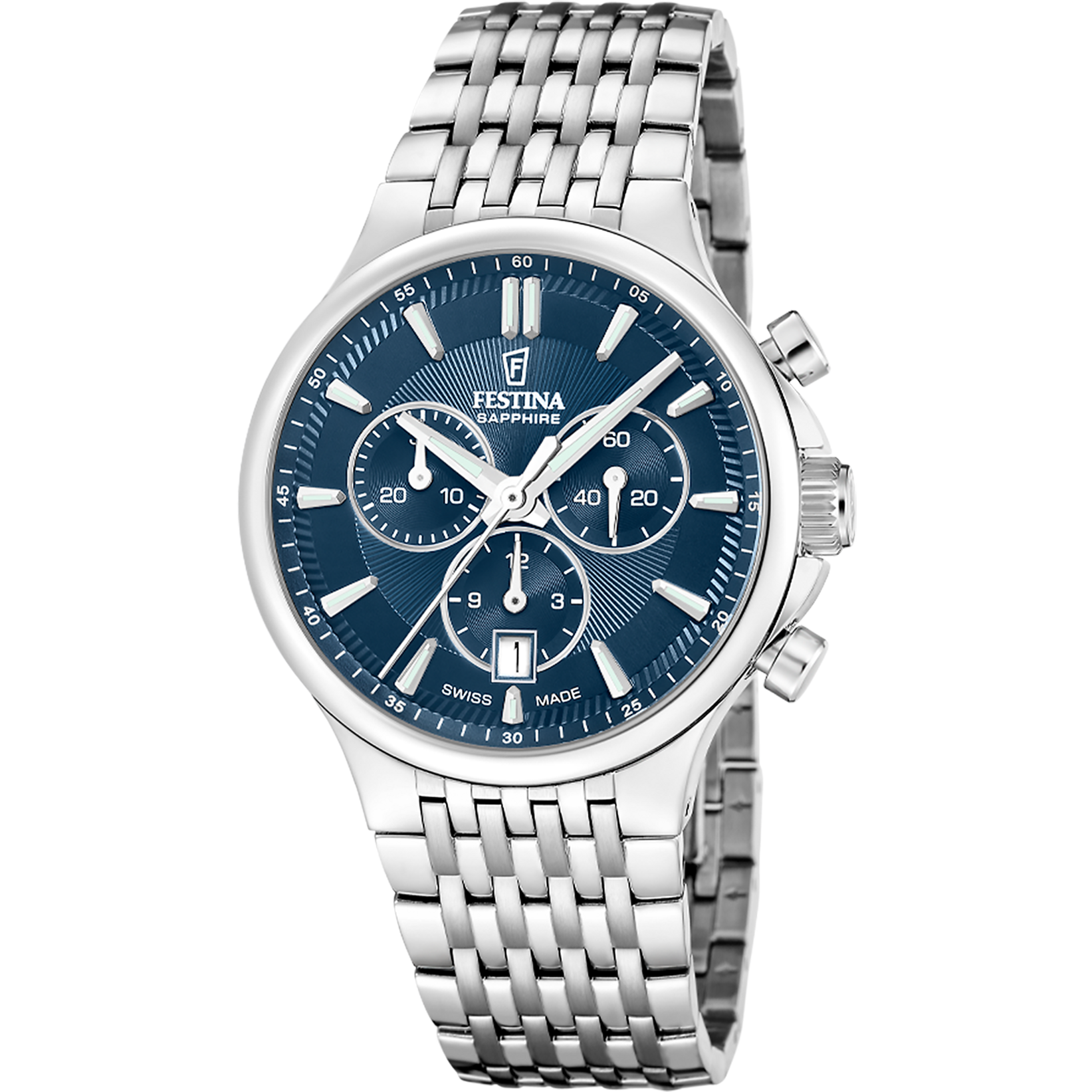 Herren-Chronograph Festina mit Saphirglas, blauem Zifferblatt und Edelstahlarmband.