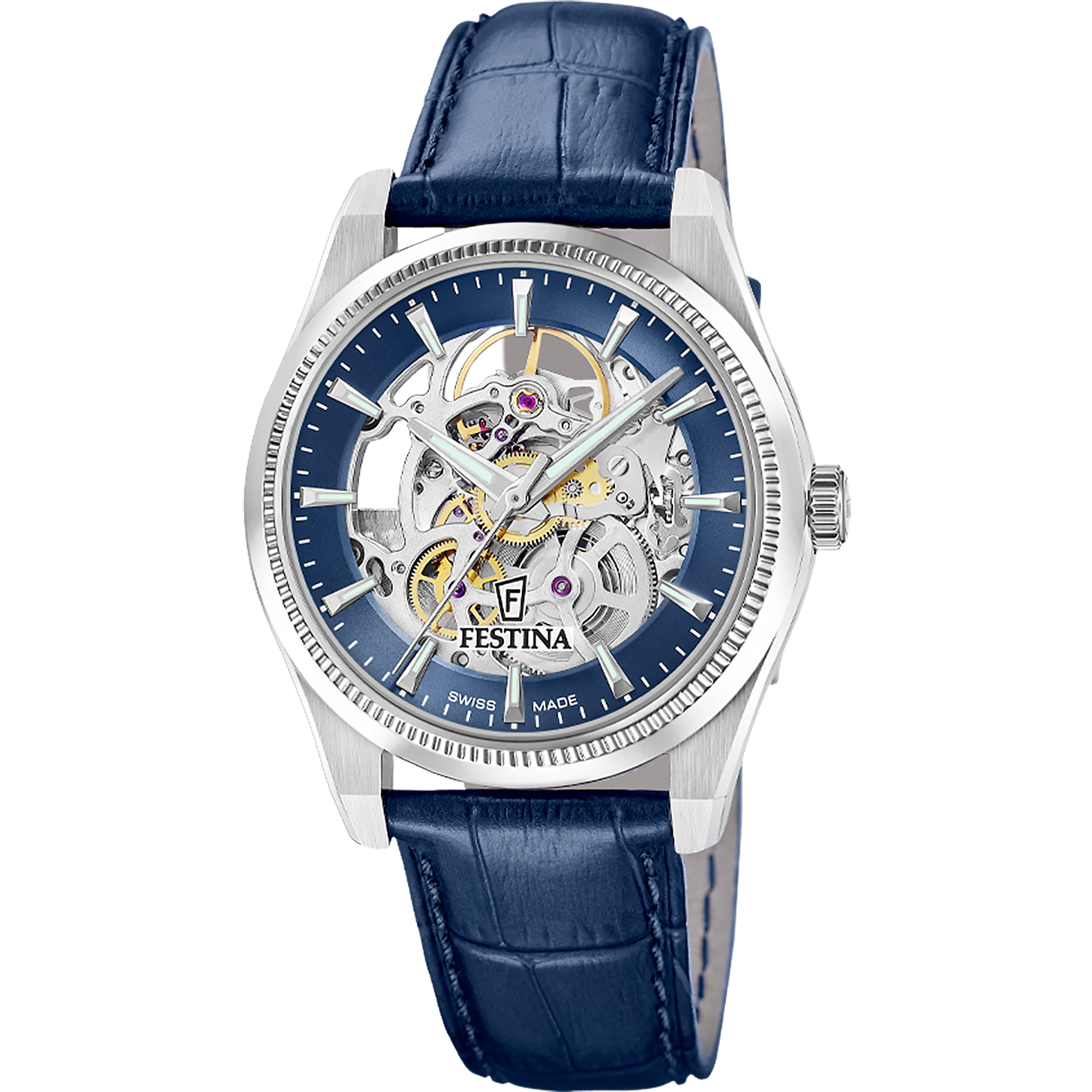 Herren-Skelett-Uhr mit blauem Lederarmband, silbernem Edelstahlgehäuse und sichtbarem Automatikwerk.