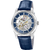 Herren-Skelett-Uhr mit blauem Lederarmband, silbernem Edelstahlgehäuse und sichtbarem Automatikwerk.