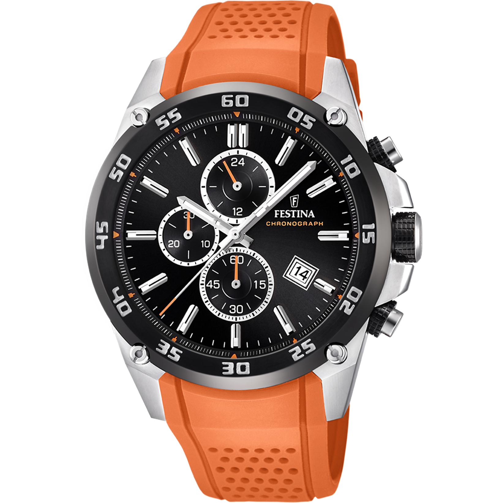 Herren-Armbanduhr mit Chronograph, schwarzem Zifferblatt und orangefarbenem Silikonarmband