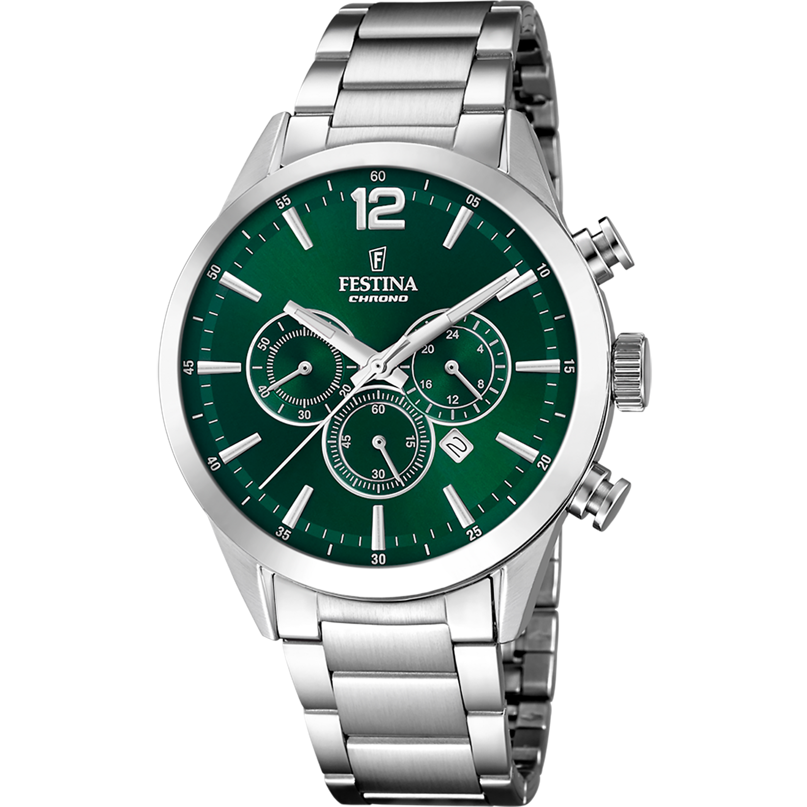 Festina Herren-Chronograph-Armbanduhr mit grünem Zifferblatt und Edelstahlarmband