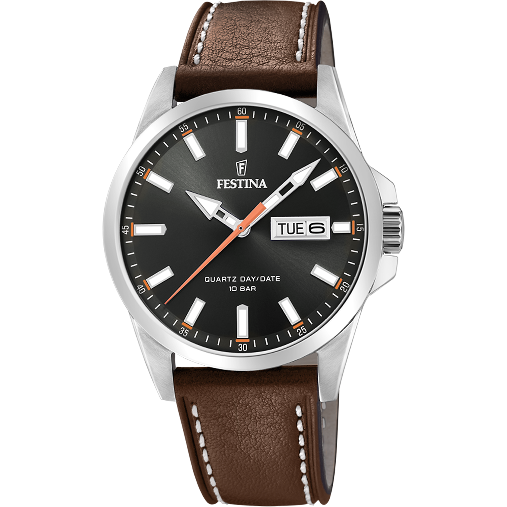 Festina Herrenuhr mit schwarzem Zifferblatt und braunem Echtlederarmband, silbernes Gehäuse