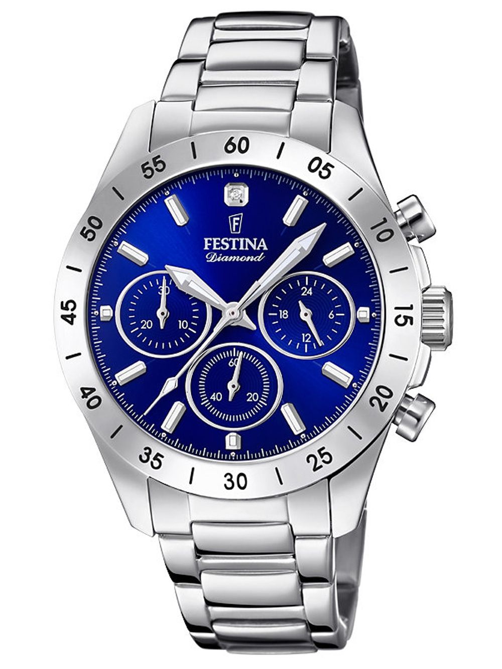 Festina Damenuhr mit silbernem Armband, blauem Chronographen-Zifferblatt und Chrono-Drückern