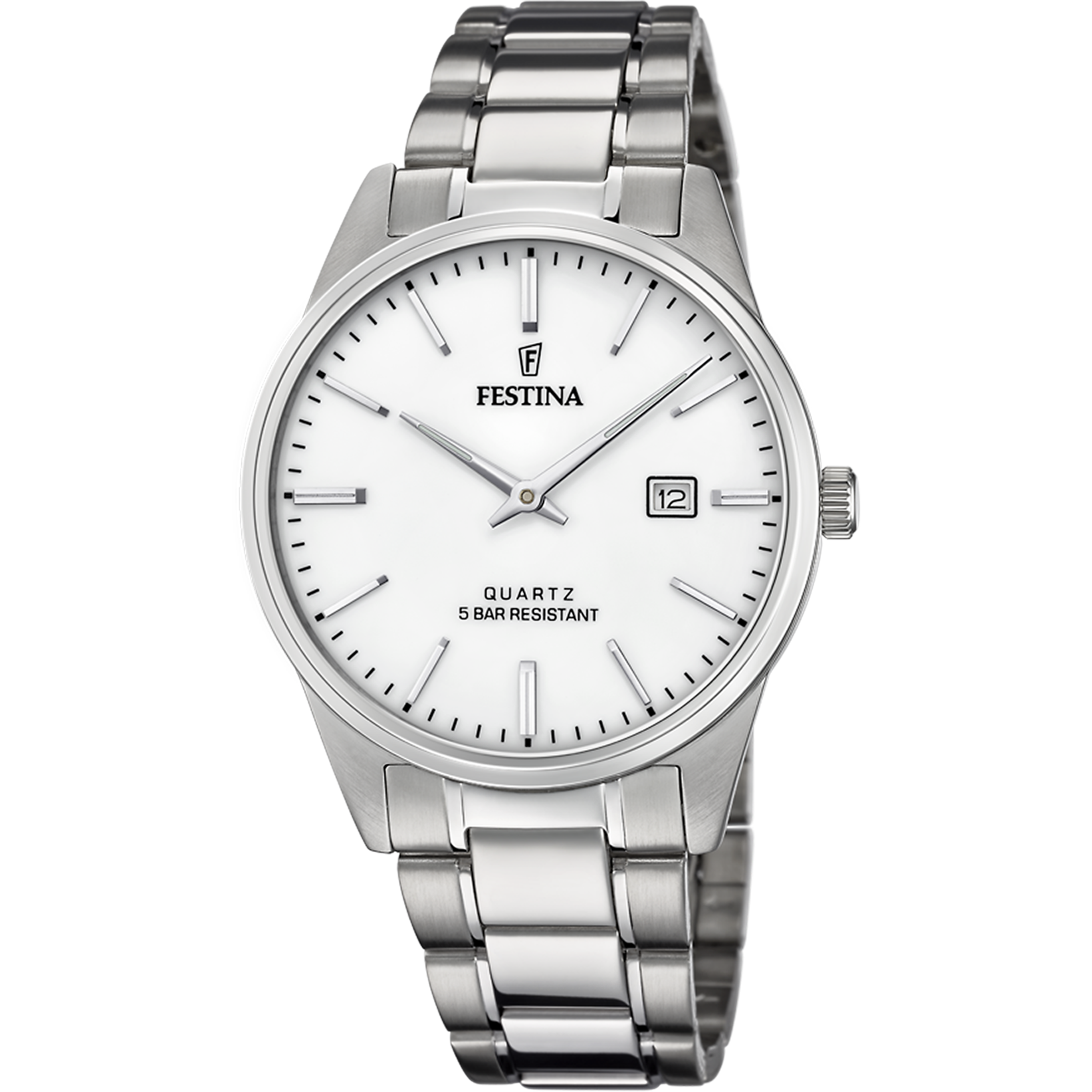 Herrenuhr von Festina mit silbernem Edelstahlarmband und weißem Zifferblatt
