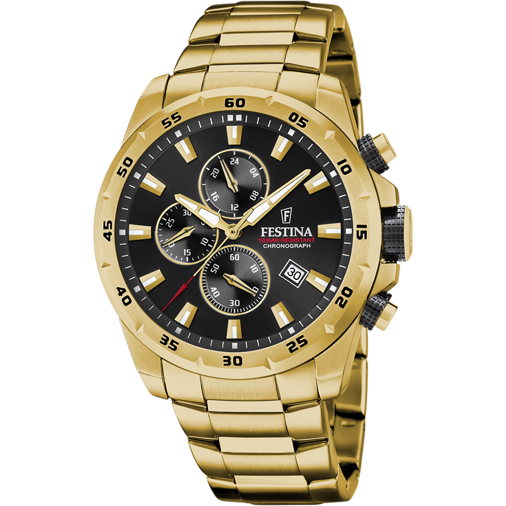 Herren-Chronograph: goldfarbenes Edelstahlband, schwarzes Zifferblatt mit Datumsfenster