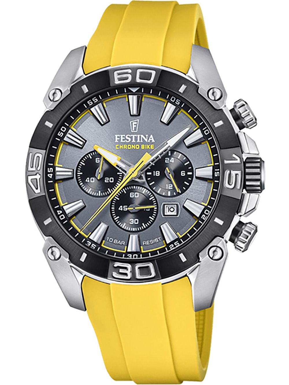 Festina Chronograph-Herrenuhr: gelbes Silikonband, schwarzes Zifferblatt, silbernes Gehäuse