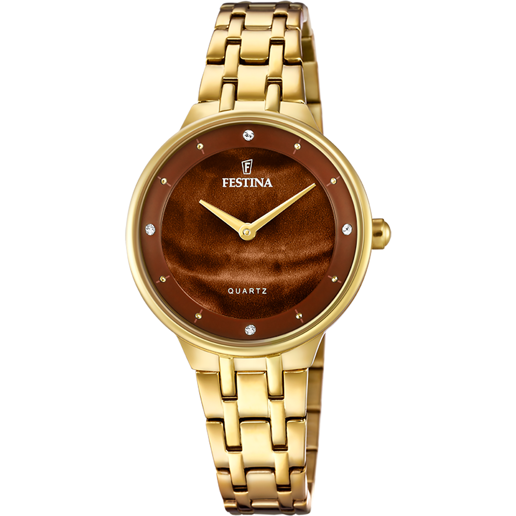 Damenuhr mit goldenem Metallarmband und braunem Zifferblatt mit Indexen und Zeigern