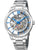 Silberne Herrenarmbanduhr mit Skelettzifferblatt und blauen Zeigern, Metallband