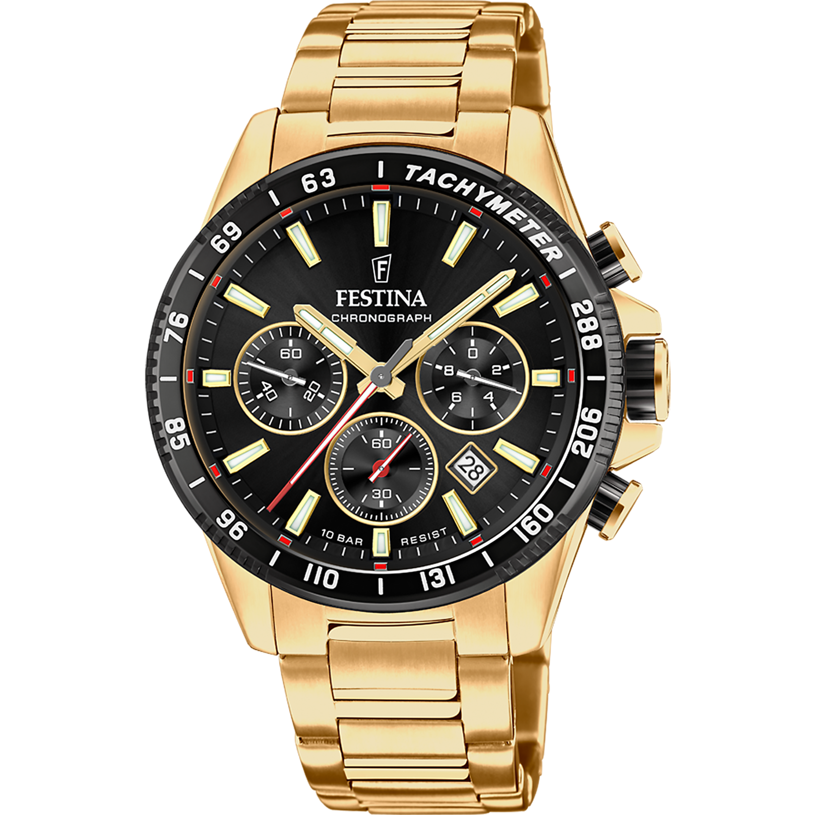 Festina herrklocka kronograf med svart urtavla, tachymeter, guldfärgat rostfritt stålband