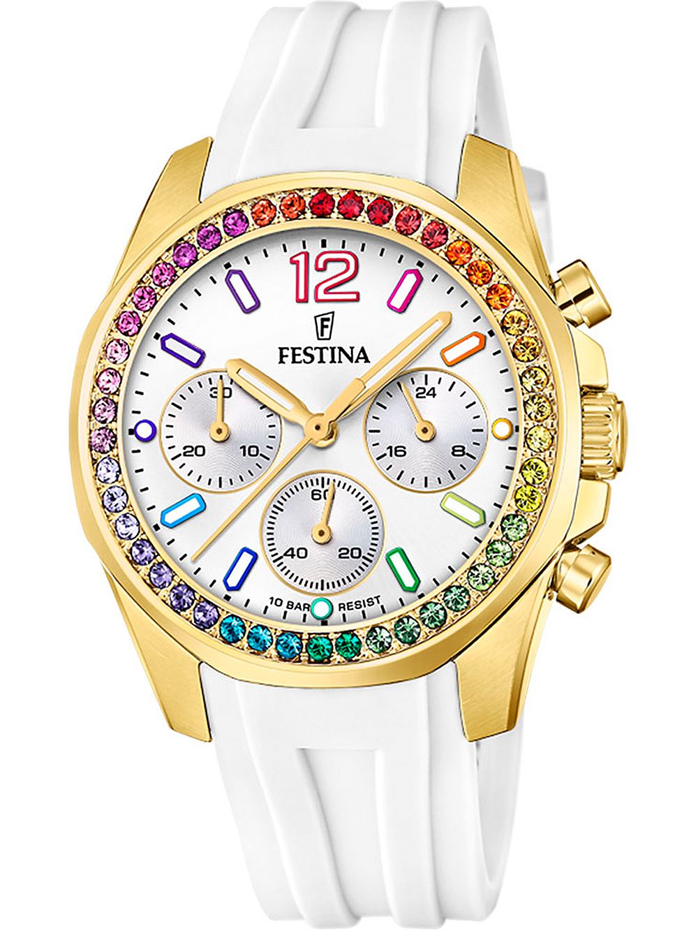 Festina Damenuhr: weißes Silikonband, goldene Lünette, Chronograph mit Schmuckbesatz