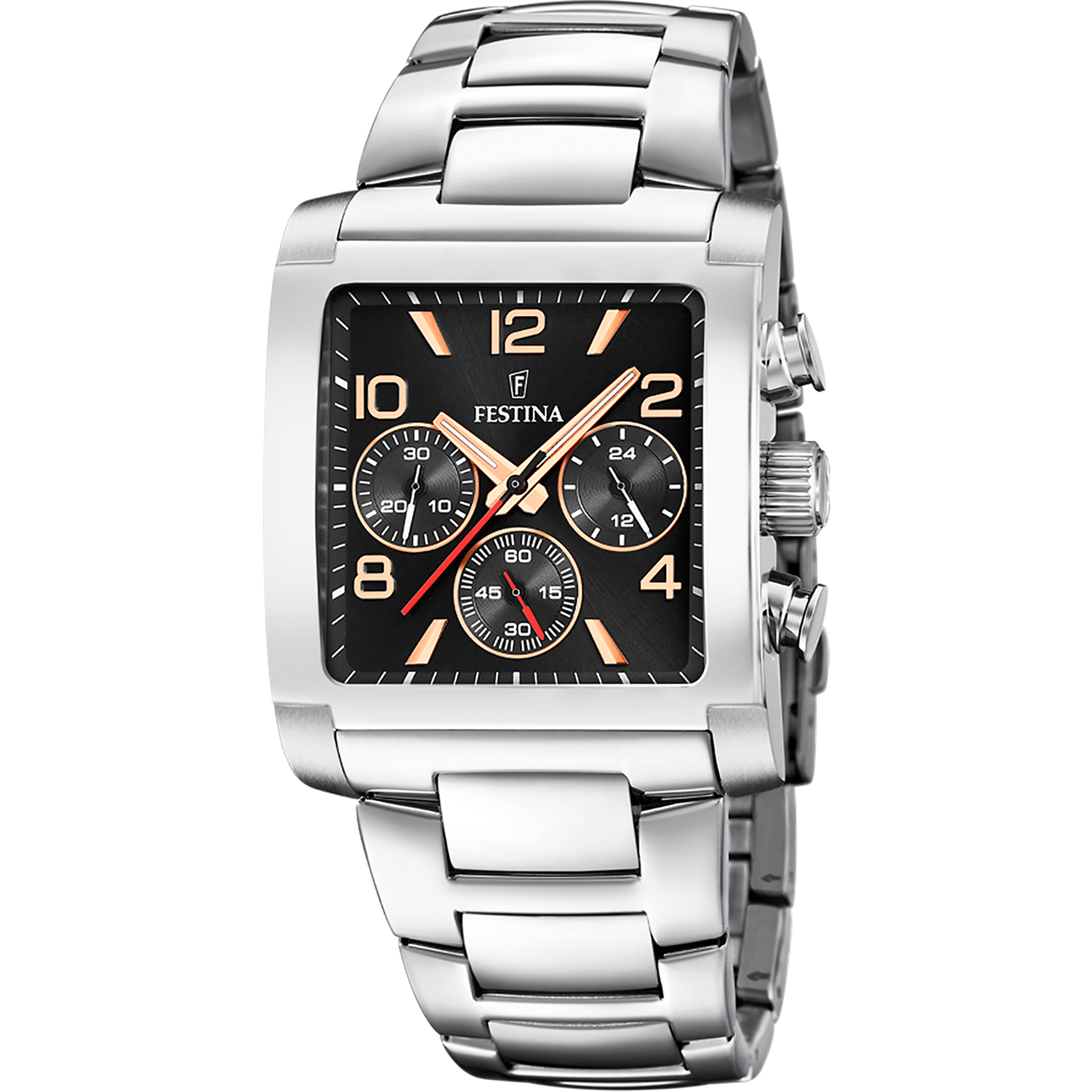 Festina Herrenuhr-Chronograph mit silbernem Metallarmband und schwarzem Zifferblatt