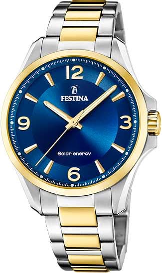 Festina herrarmbandsur med solcellsdrivning, blå urtavla och tvåfärgat metallarmband (stål/guld)