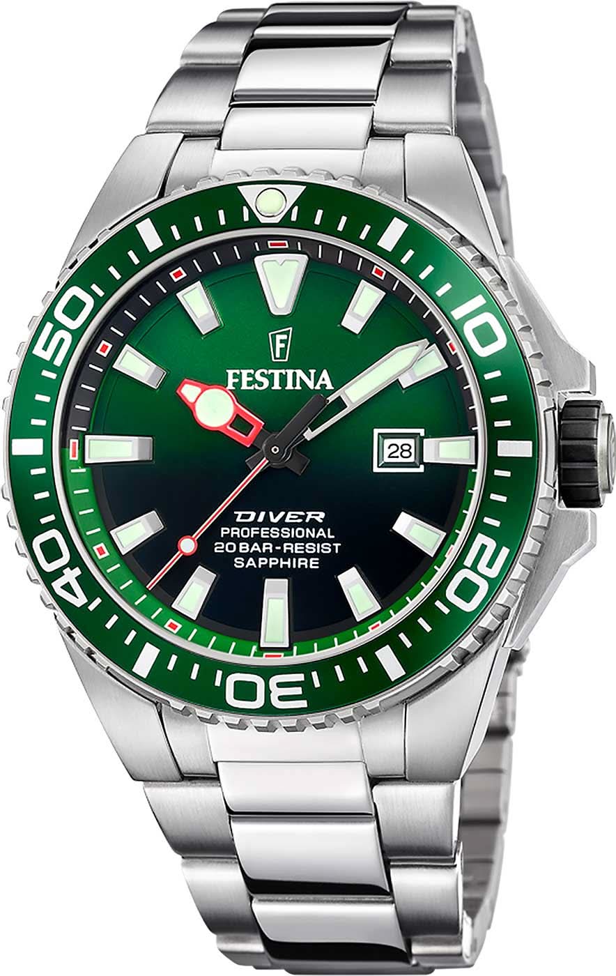 Festina herrur med grön urtavla, armband i rostfritt stål och vridbar infattning, datum