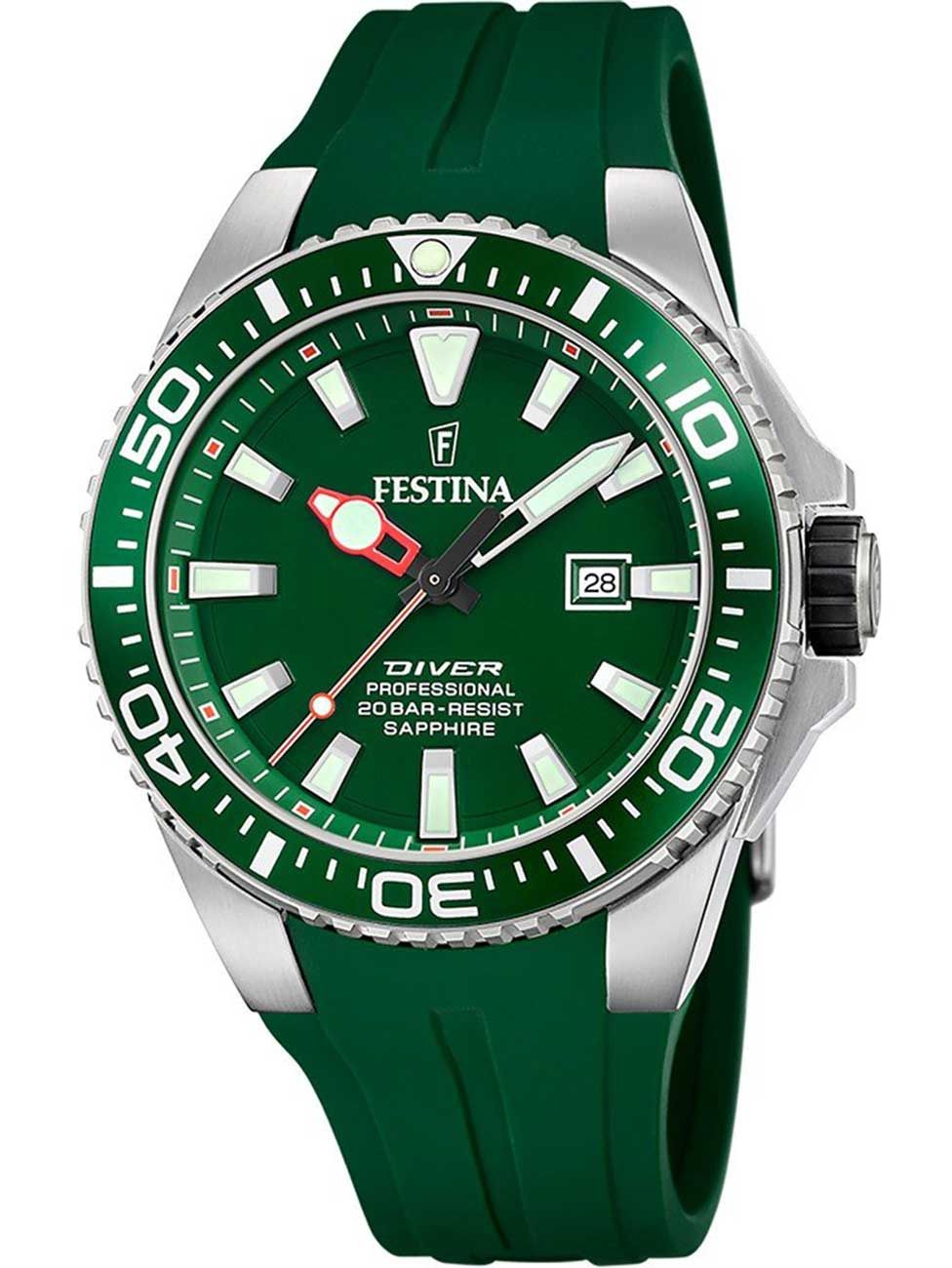 Festina Herrenuhr mit grünem Zifferblatt, Lünette und Kautschukband, Datumsanzeige