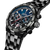 Herrklocka Chronograph närbild med blå urtavla och svart metallarmband