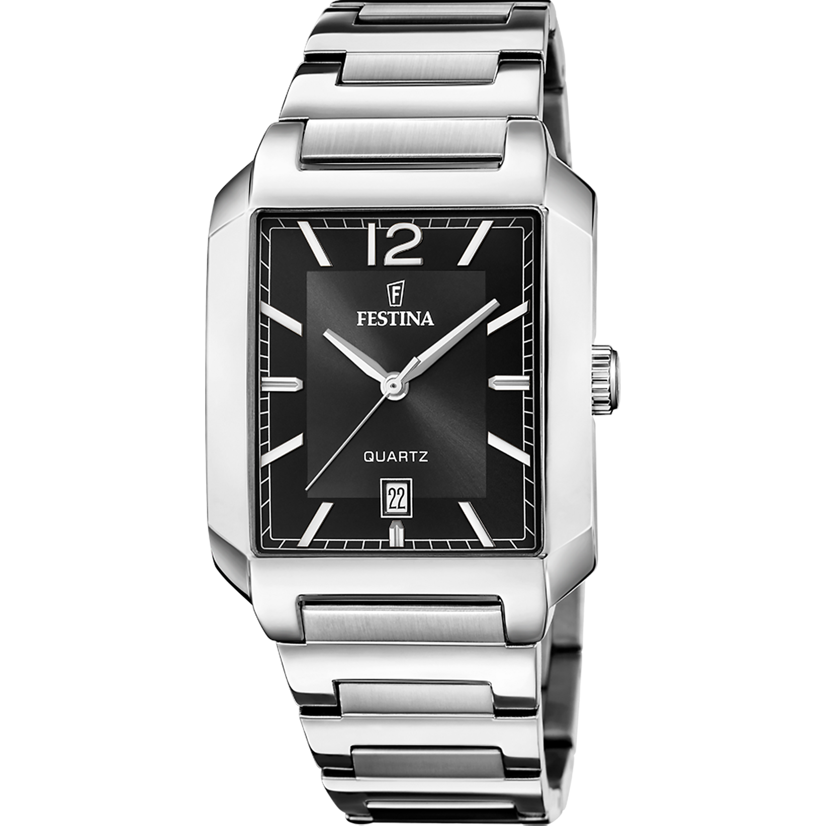 Festina Herrenarmbanduhr mit schwarzem Zifferblatt, quadratischem Gehäuse und Edelstahlband