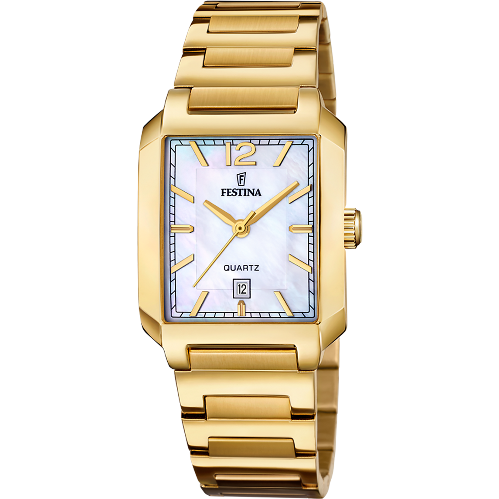 Festina Damenuhr mit rechteckigem Gehäuse, goldfarbenem Armband und hellblau-weißem Zifferblatt