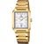 Festina Damenuhr mit rechteckigem Gehäuse, goldfarbenem Armband und hellblau-weißem Zifferblatt