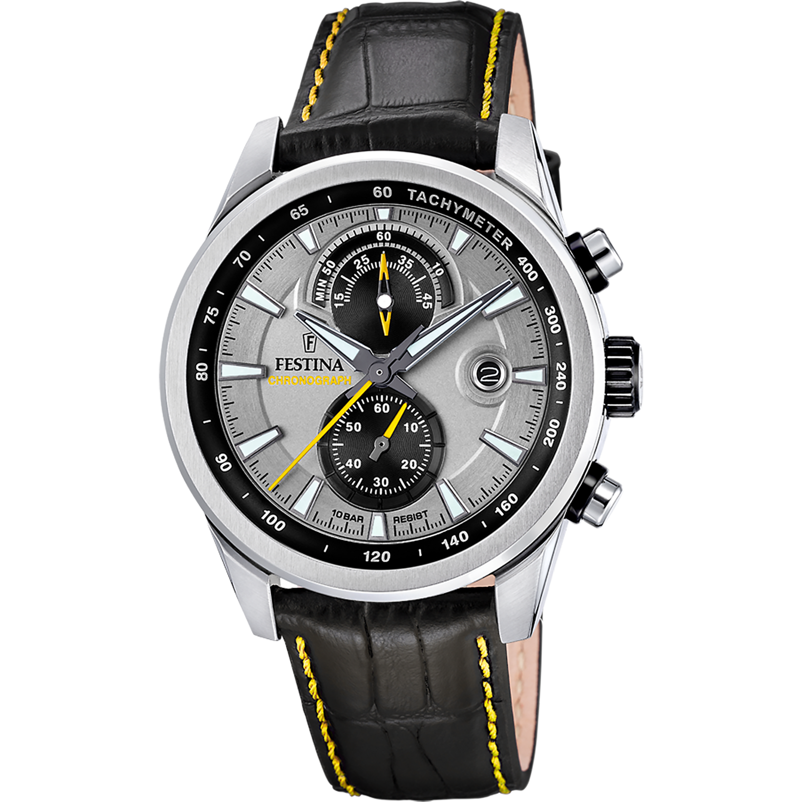 Herren-Chronograph mit schwarzem Lederarmband, silbernem Gehäuse und schwarzem Zifferblatt