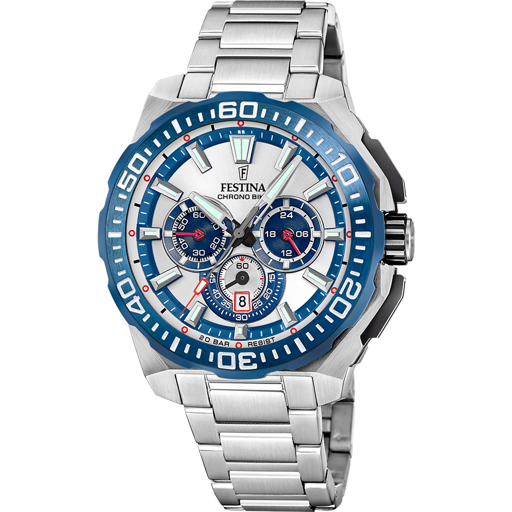 Herren-Armbanduhr mit silbernem Edelstahlband und blauem Chronograph-Zifferblatt