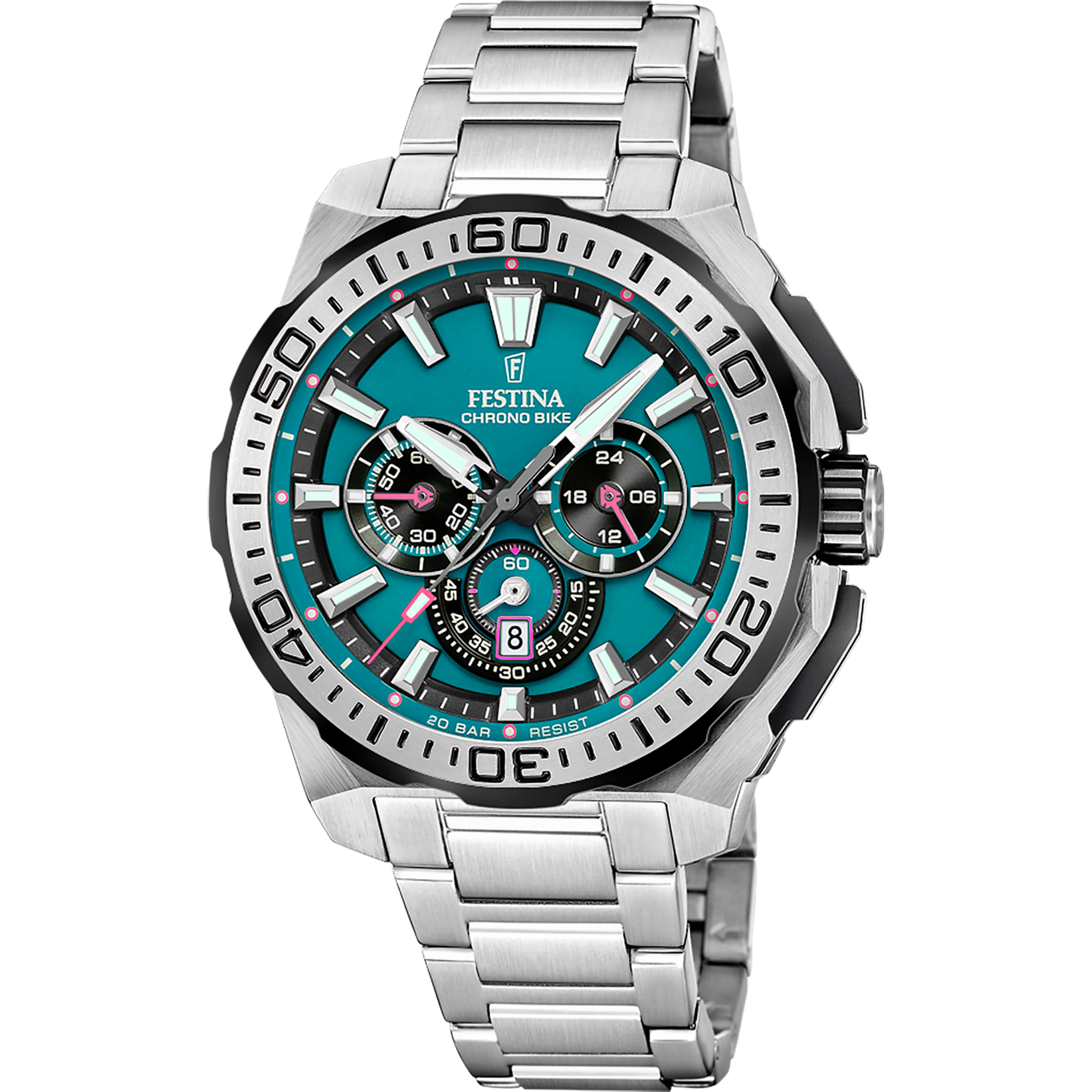 Herren-Armbanduhr mit blau-grünem Zifferblatt, Chronograph und Edelstahlarmband