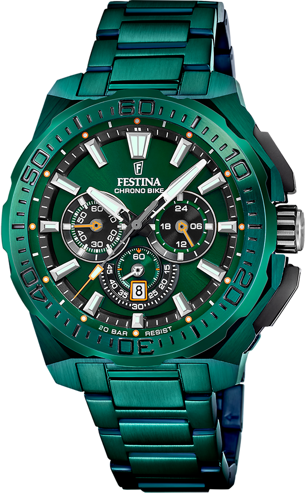 Festina Chrono Bike herrklocka med grön urtavla, kronografvisning och armband i metall
