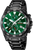 Herrklocka med kronograf, svart armband och grön urtavla, subdial för kronograf.