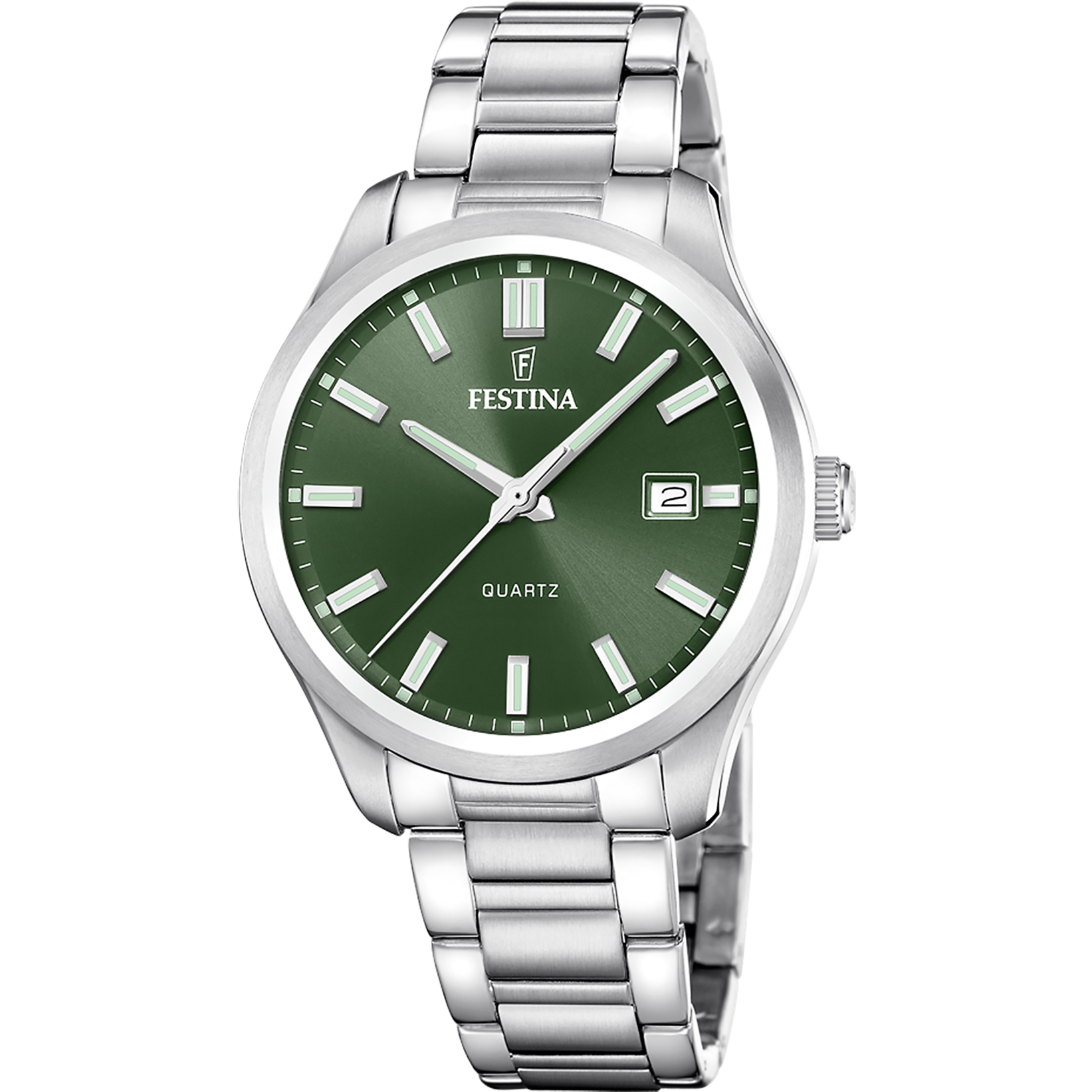Festina Herrenuhr mit rundem Edelstahlgehäuse, Metallarmband und grünem Zifferblatt
