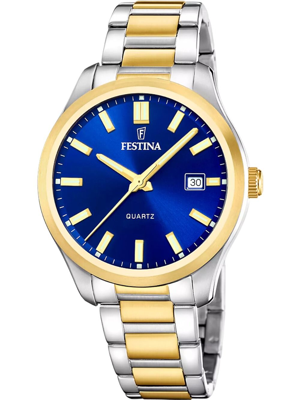 Herrenarmbanduhr mit blauem Zifferblatt, bicolor Edelstahlband und Quarz-Anzeige