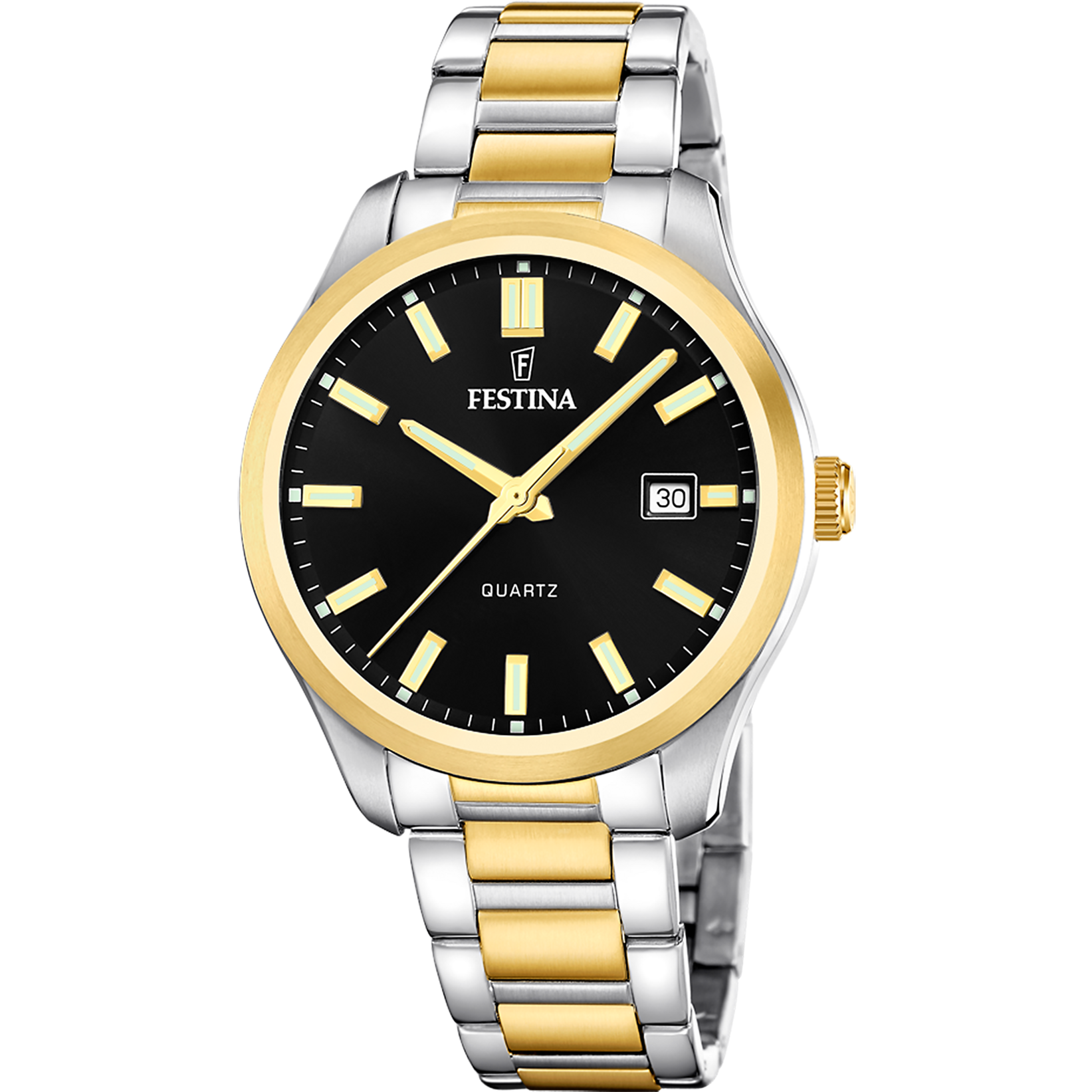 Festina Herrenuhr mit schwarzem Zifferblatt, gold-silberfarbenem Band und Datumsanzeige