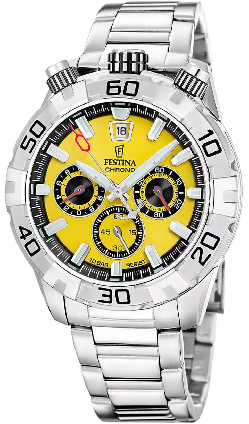 Festina herrur med armband i rostfritt stål och gul urtavla, kronograf-suburtavlor