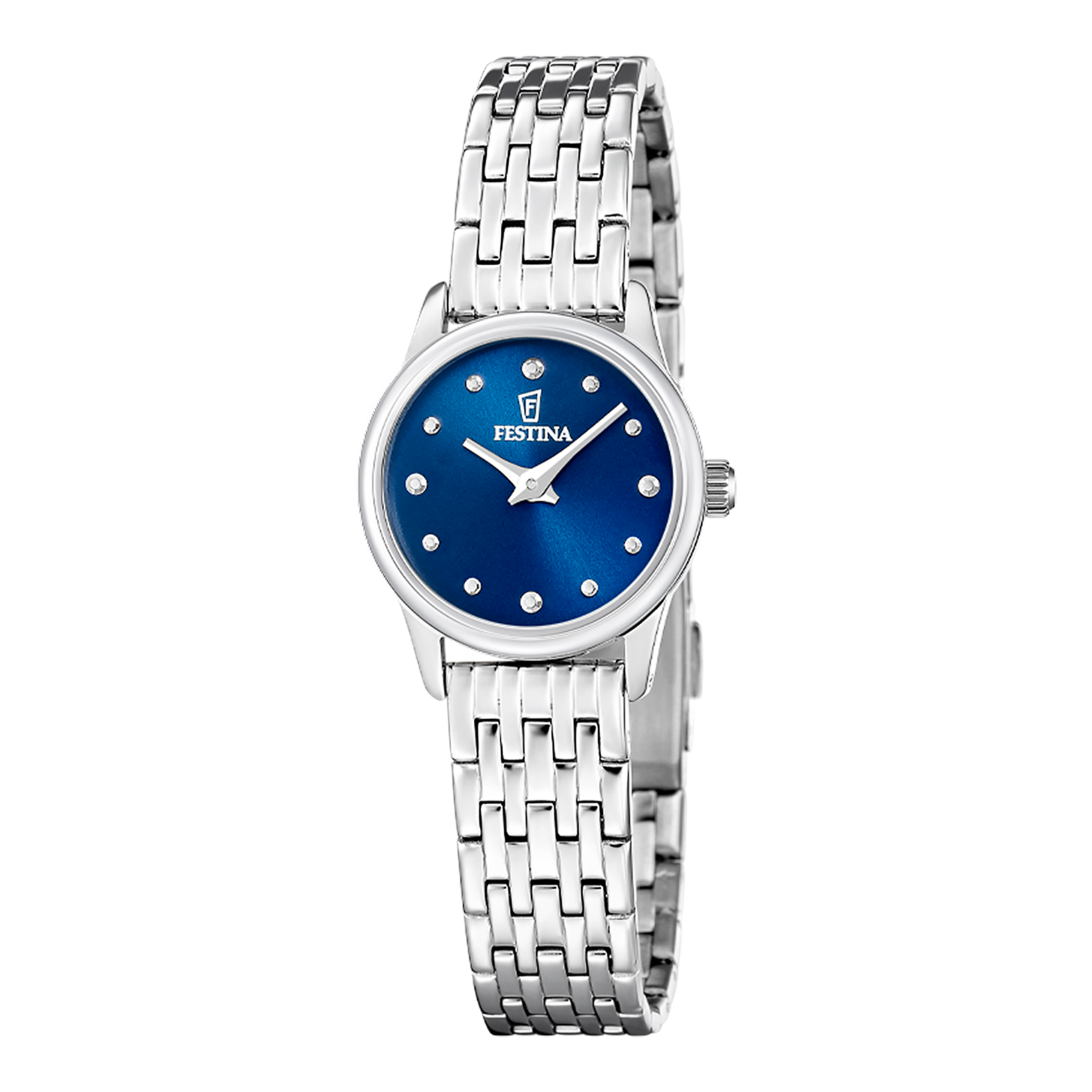Damenuhr mit silberfarbenem Metallarmband, blauem Rundzifferblatt und Strichindizes.
