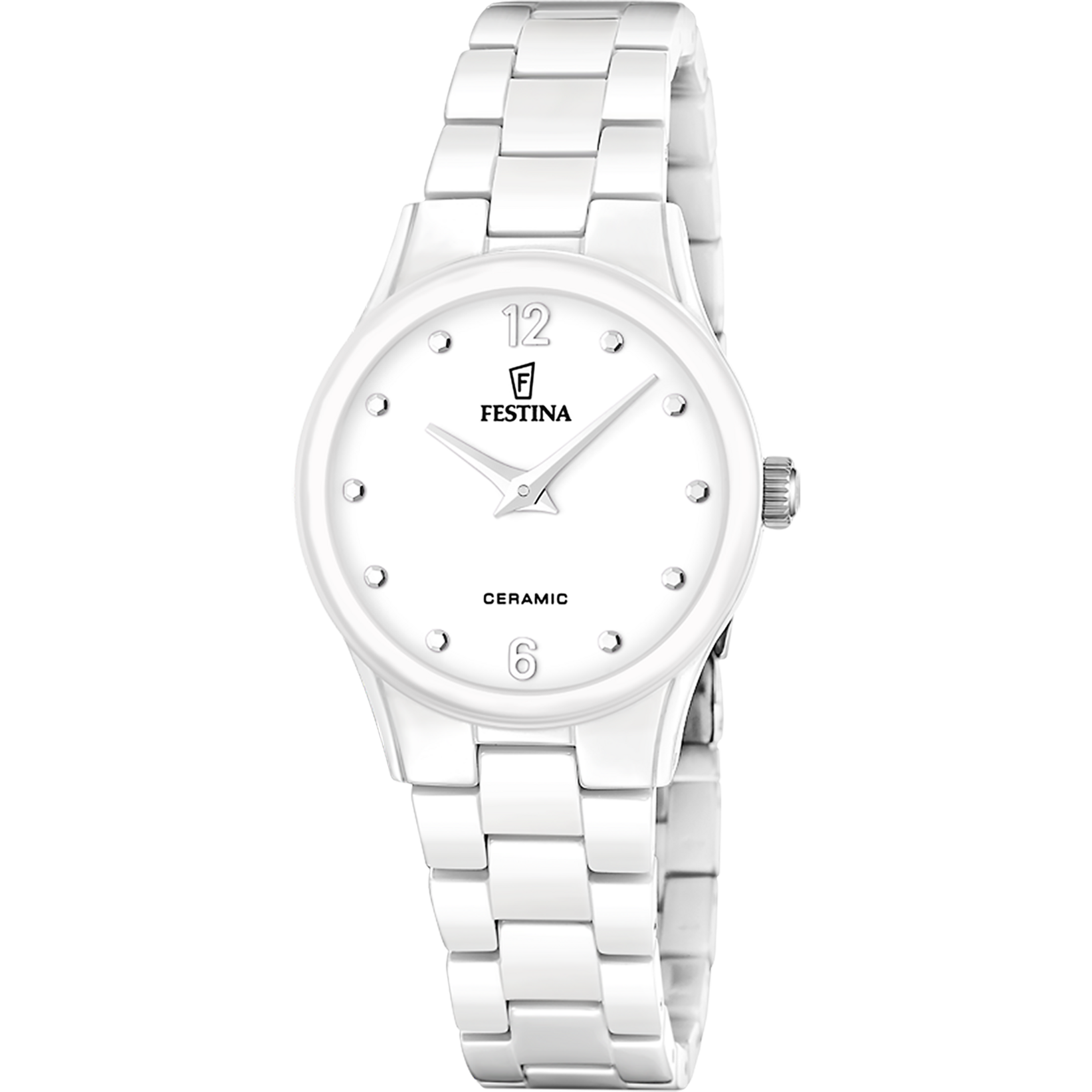 Damenarmbanduhr mit weißem Keramikarmband und weißem Zifferblatt mit Indexen, Festina