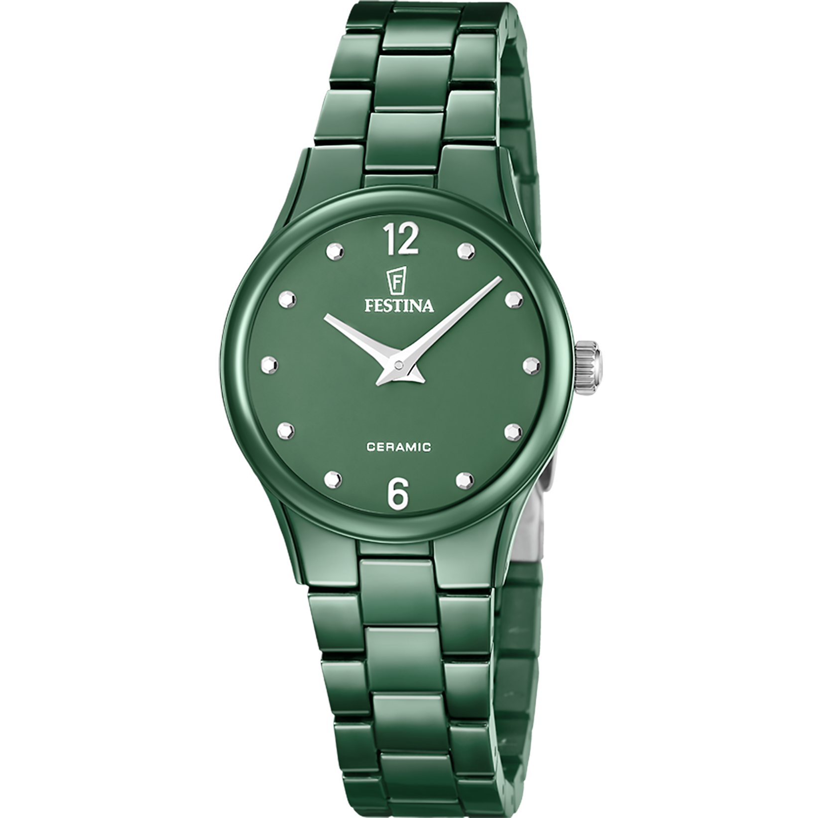 Festina Damen-Armbanduhr mit grünem Keramikgehäuse und -armband, rundes Zifferblatt