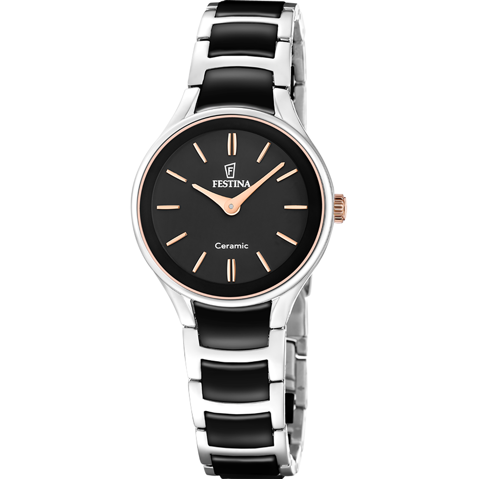Festina Damenarmbanduhr mit Keramikgehäuse, schwarzem Zifferblatt und Metall-Keramikband
