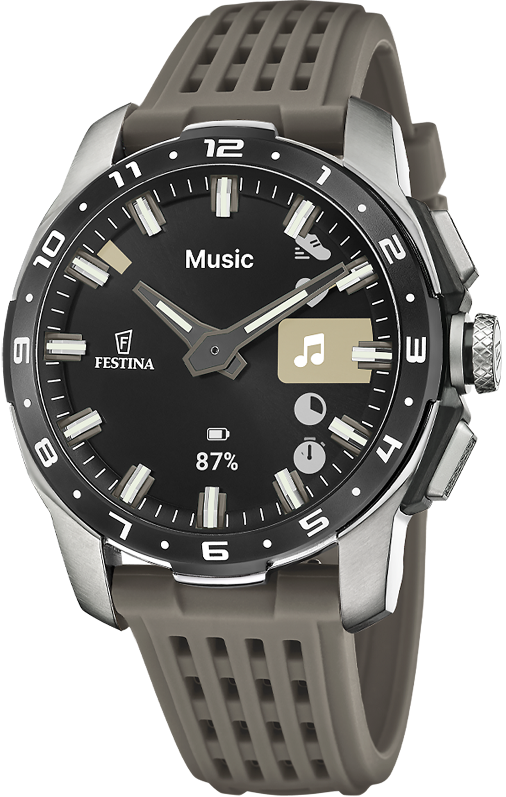 Festina Connected herrur med svart urtavla, silverfärgade visare och grått gummiarmband