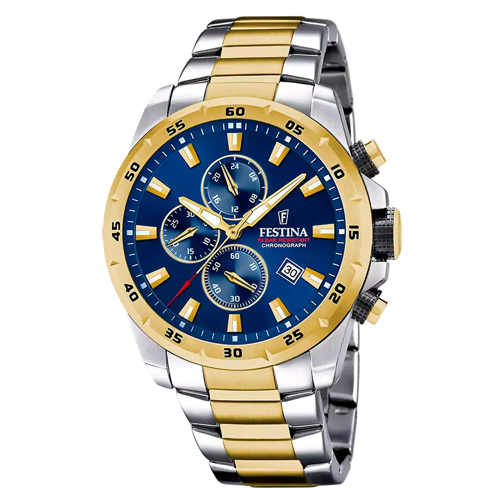 Festina Chronograph Herrenuhr mit blauem Zifferblatt und gold-silbernem Edelstahlband