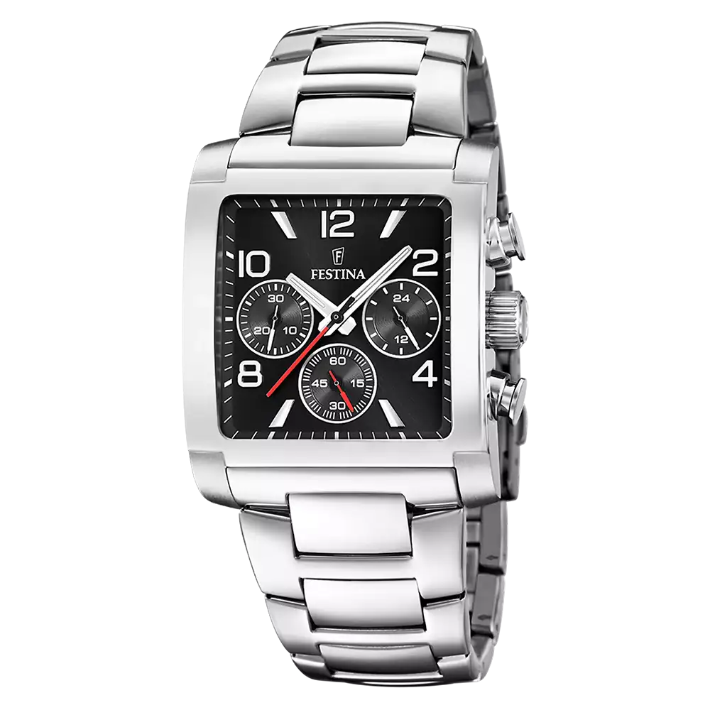 Herren-Chronograph mit silbernem Edelstahlarmband und schwarzem Zifferblatt